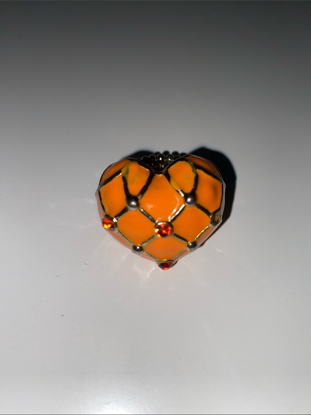 Orange Enamel Heart Charm Stretch Gold Tone Ring